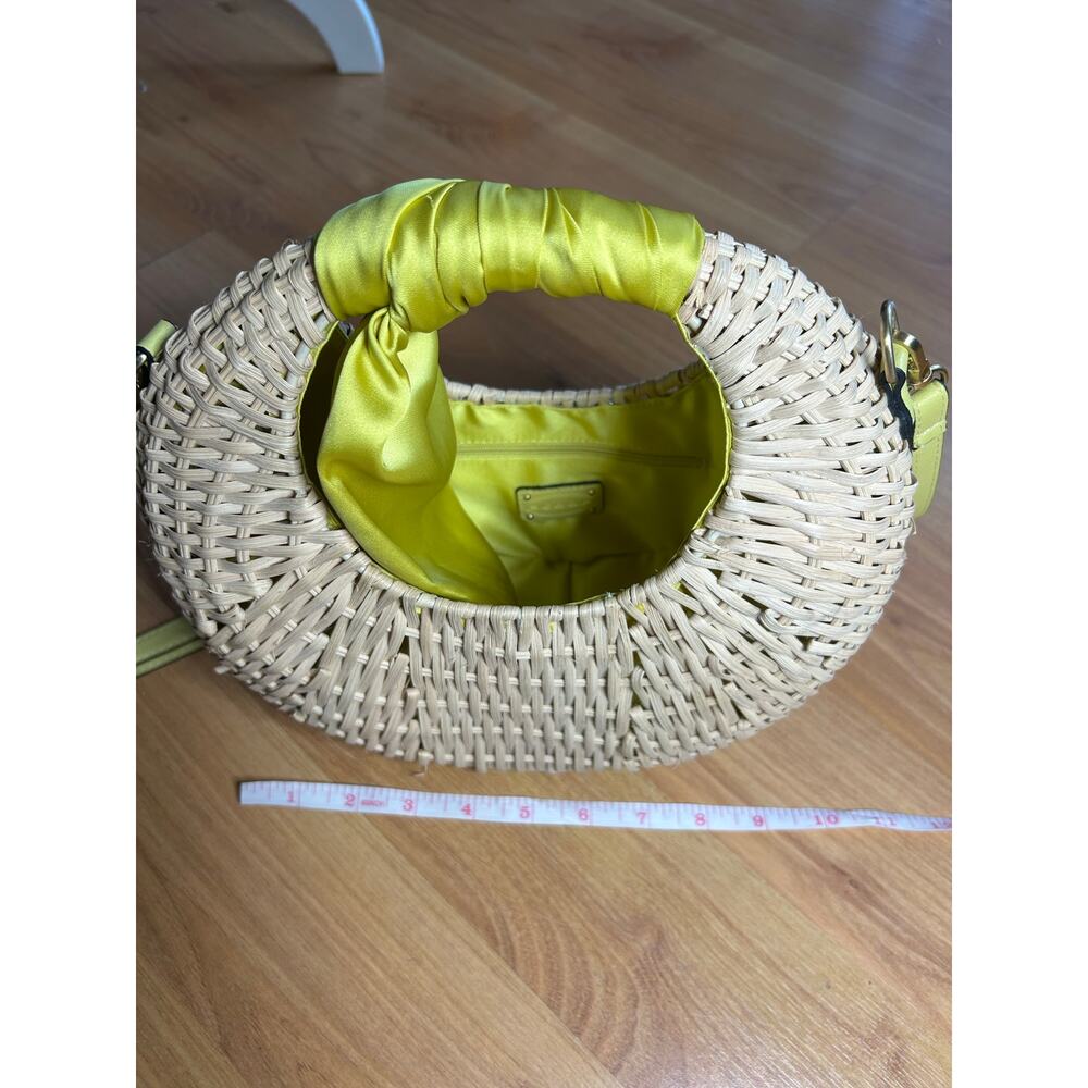 SCOOP Wicker Crescent Crossbody Straw Purse Handbag Basket Yellow Scarf Accent - Picture 4 of 5